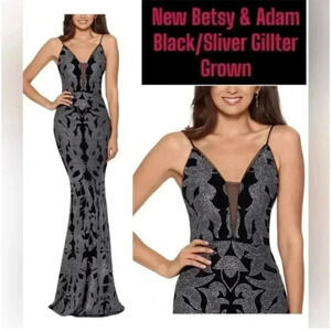 Betsy & Adam Women's Black Glitter Evening Gown V-Neck Dress Size Small 4